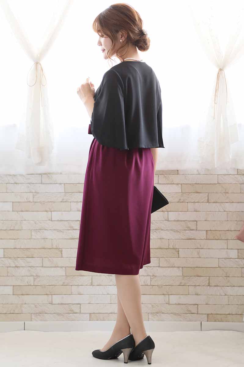 ワインレッドのプリーツレース2wayドレス