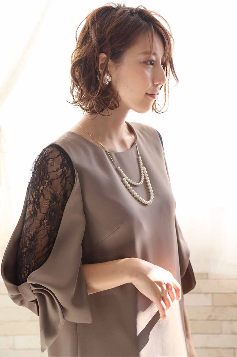 ブラウンのレーススリーブIラインドレス