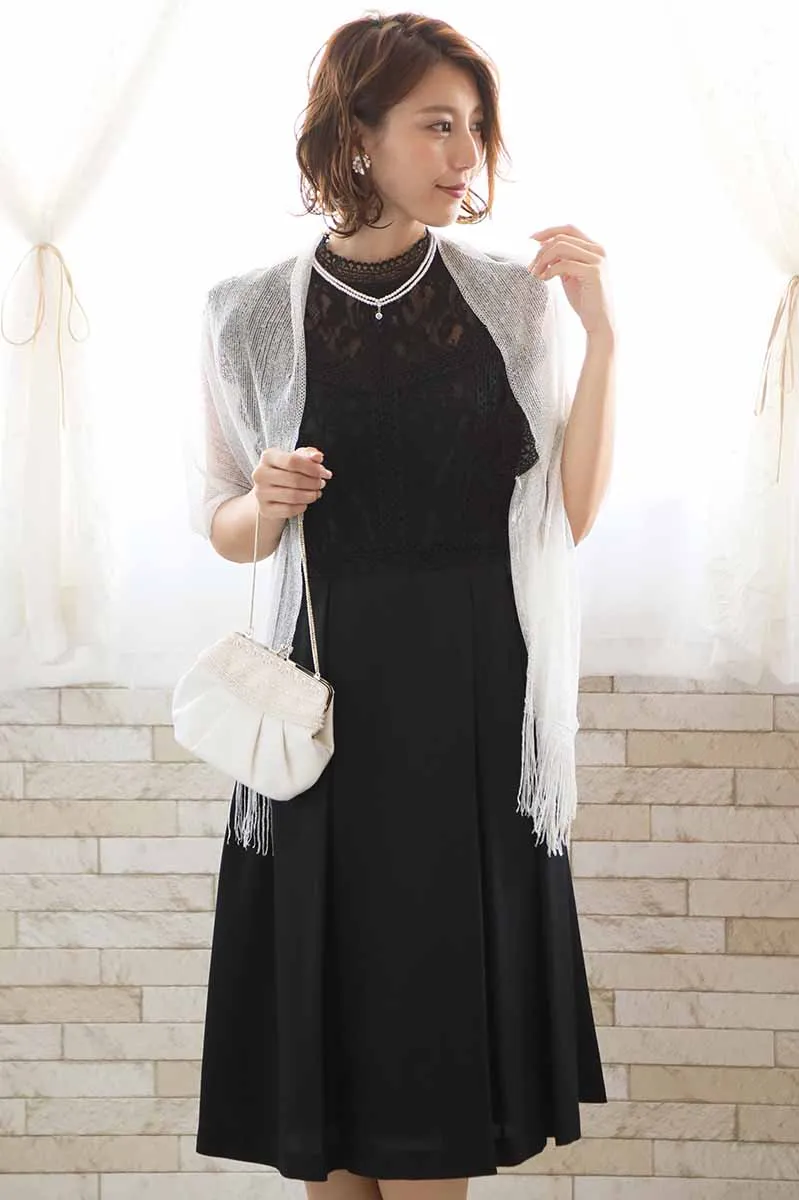 ブラックのスタンドカラーレースドレス