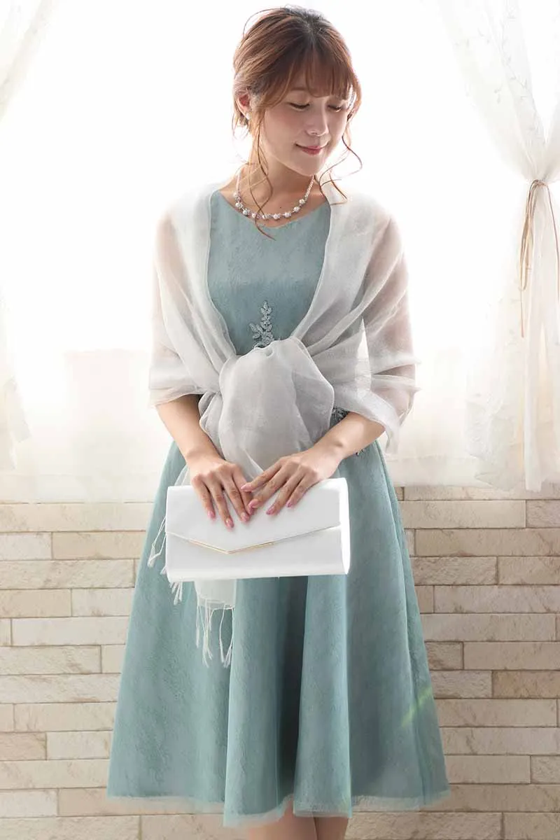 ミントグリーンのウエスト刺繍総レースドレス