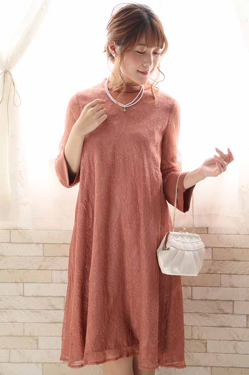 コーラルオレンジのシアーレースAラインドレス