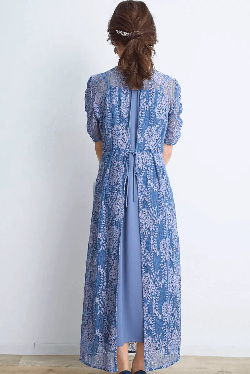 ブルー×ピンクの配色レースエプロンドレス