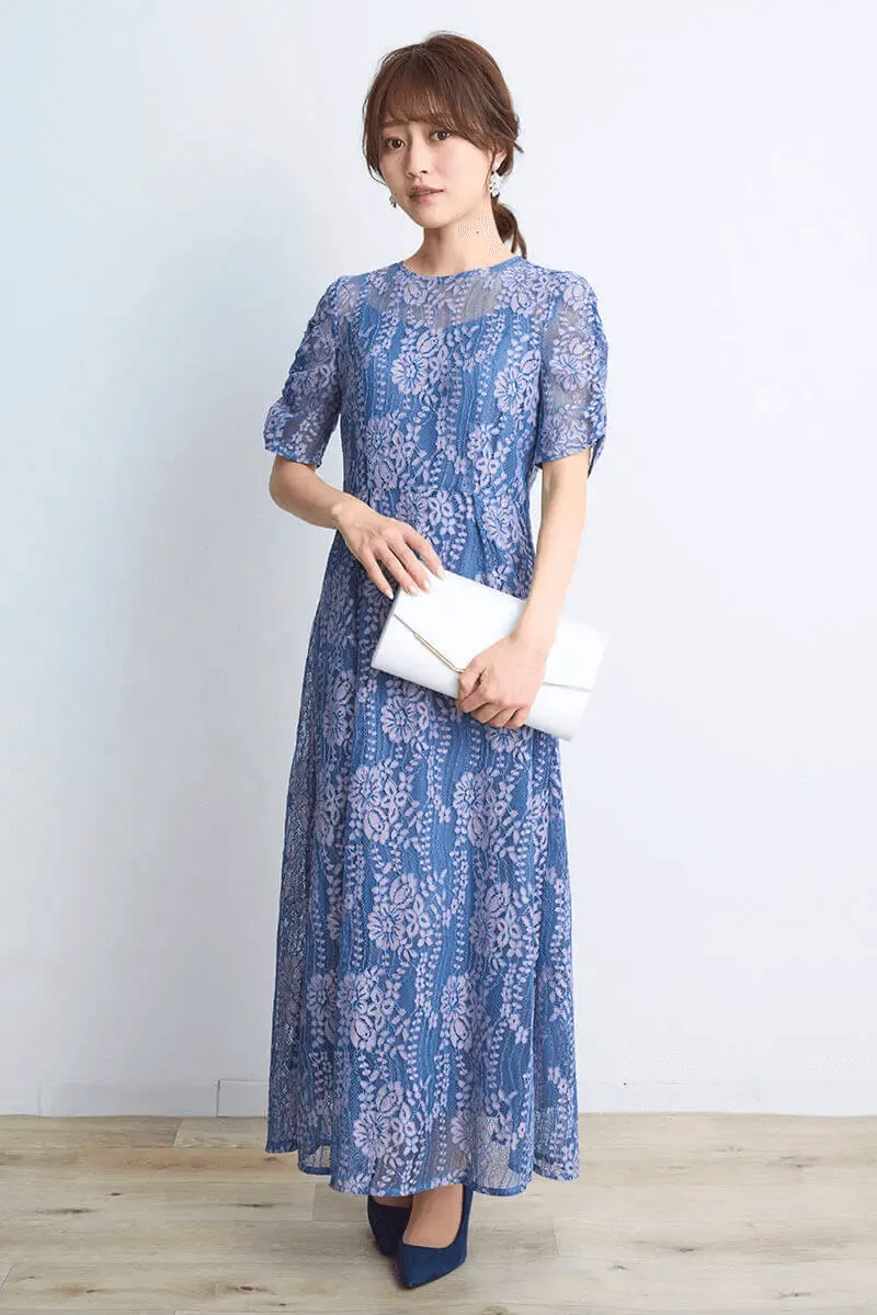 ブルー×ピンクの配色レースエプロンドレス