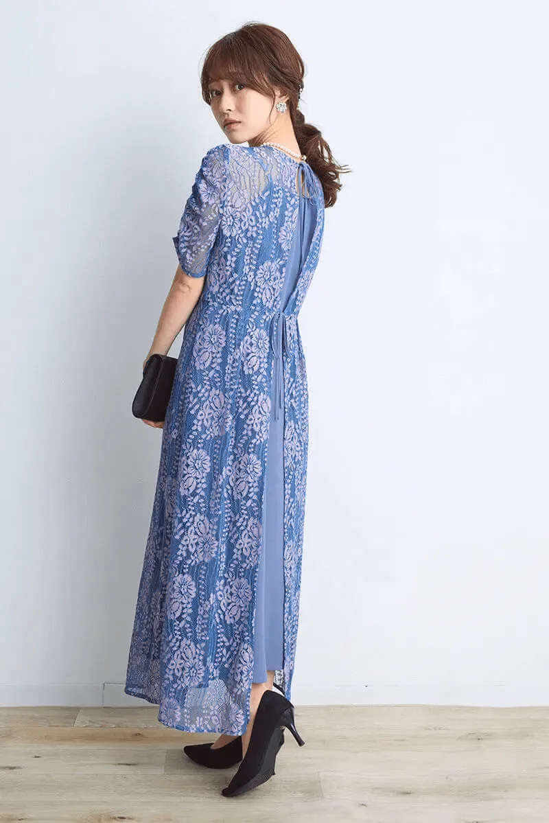 ブルー×ピンクの配色レースエプロンドレス