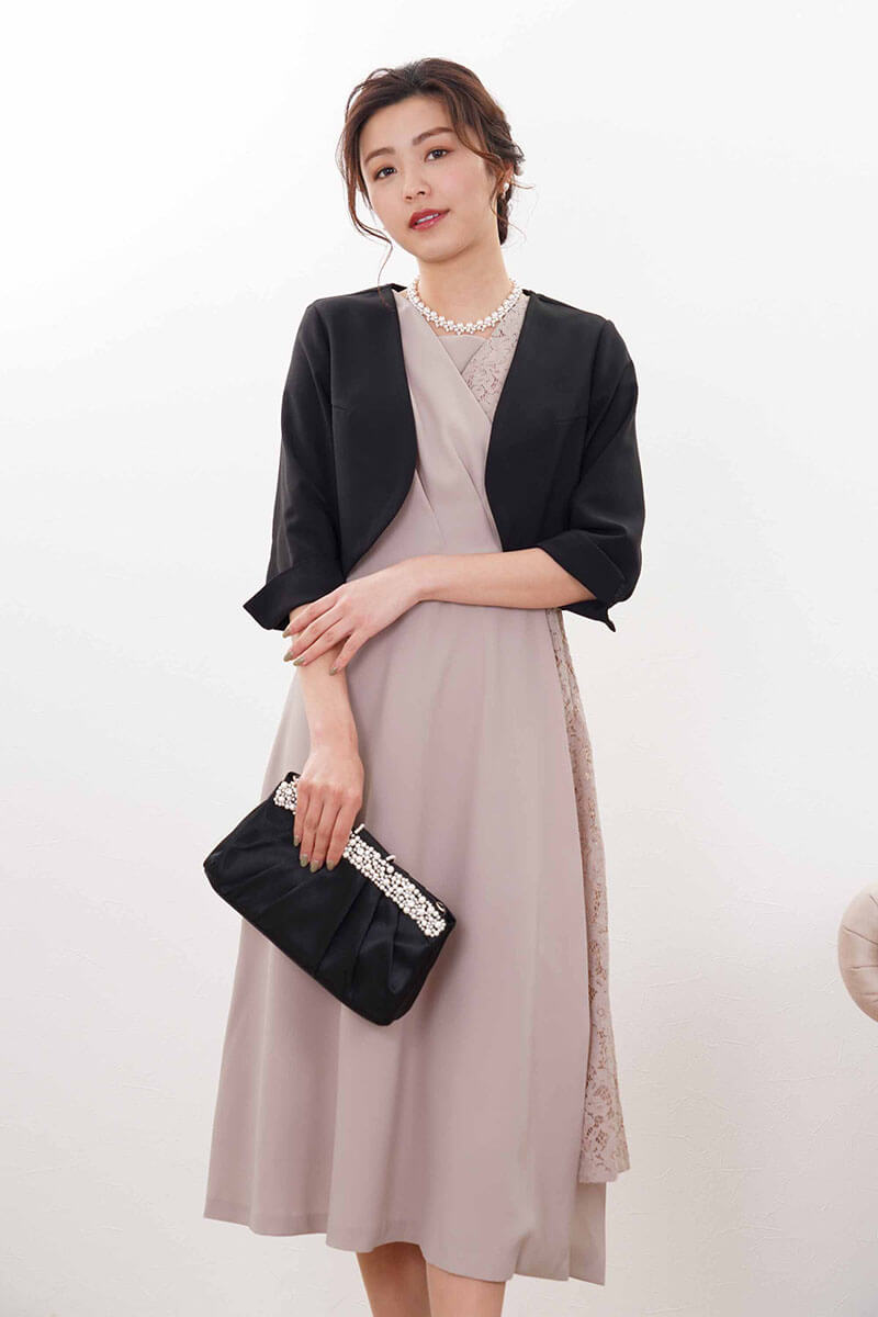ベージュピンクのレース切替カシュクールドレスコーディネートセット