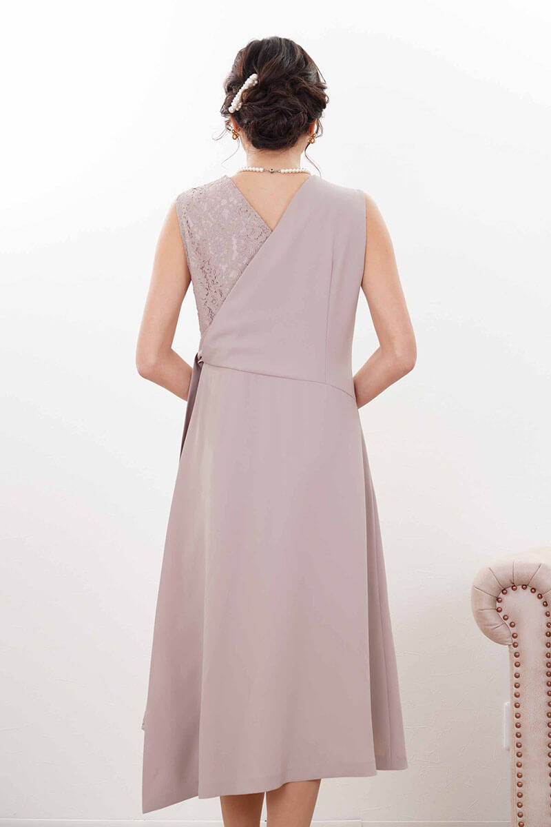 ベージュピンクのレース切替カシュクールドレスコーディネートセット