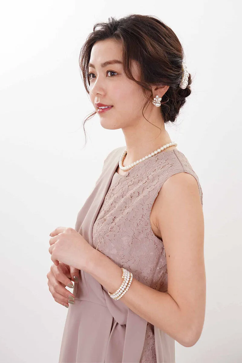 ベージュピンクのレース切替カシュクールドレスコーディネートセット