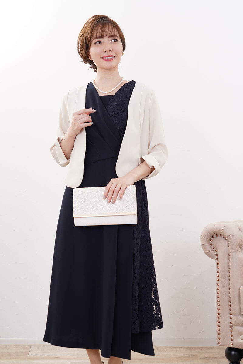 ネイビーのレース切替カシュクールドレスコーディネートセット