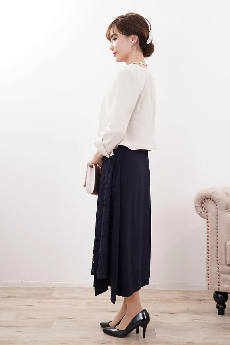 ネイビーのレース切替カシュクールドレスコーディネートセット