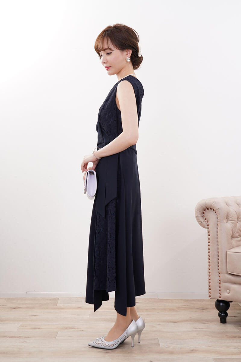 ネイビーのレース切替カシュクールドレスコーディネートセット