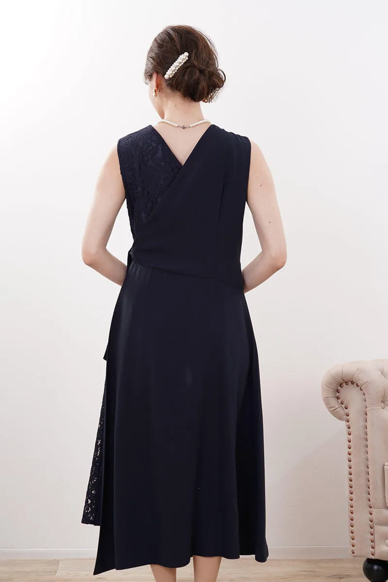 ネイビーのレース切替カシュクールドレスコーディネートセット