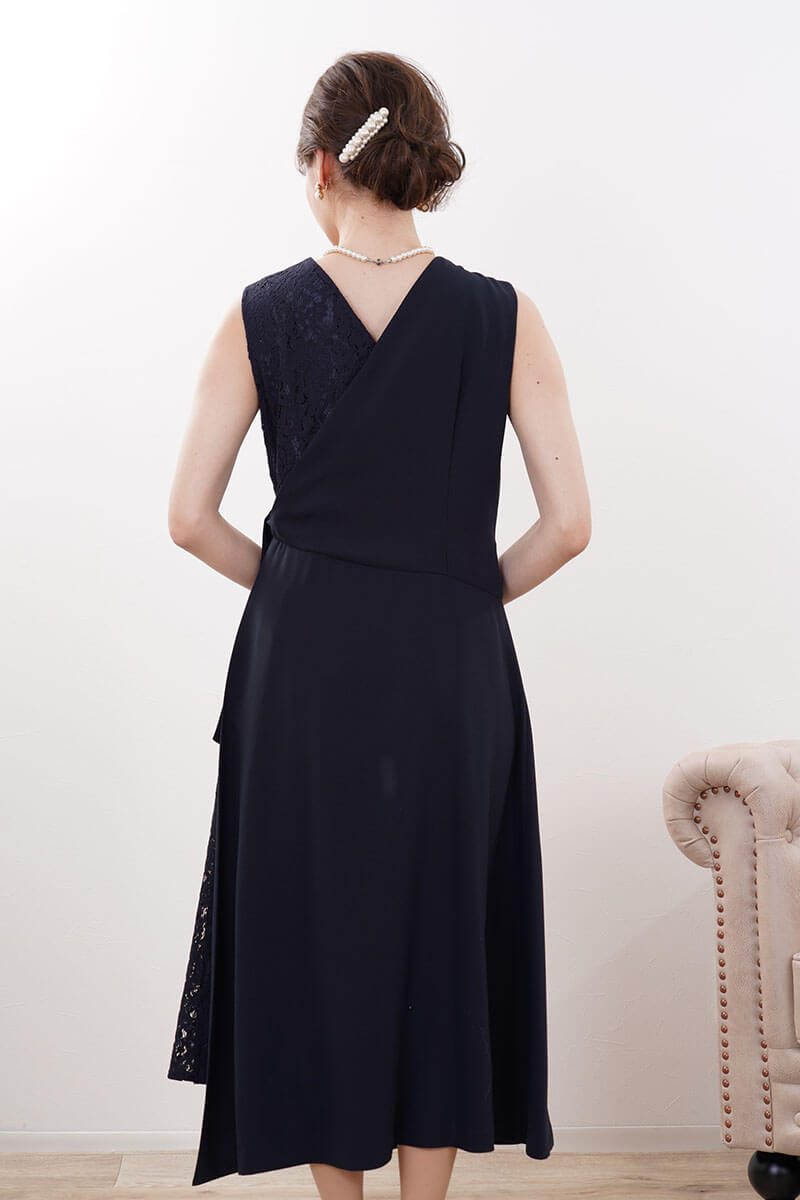 ネイビーのレース切替カシュクールドレスコーディネートセット