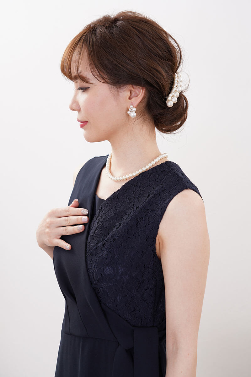 ネイビーのレース切替カシュクールドレスコーディネートセット