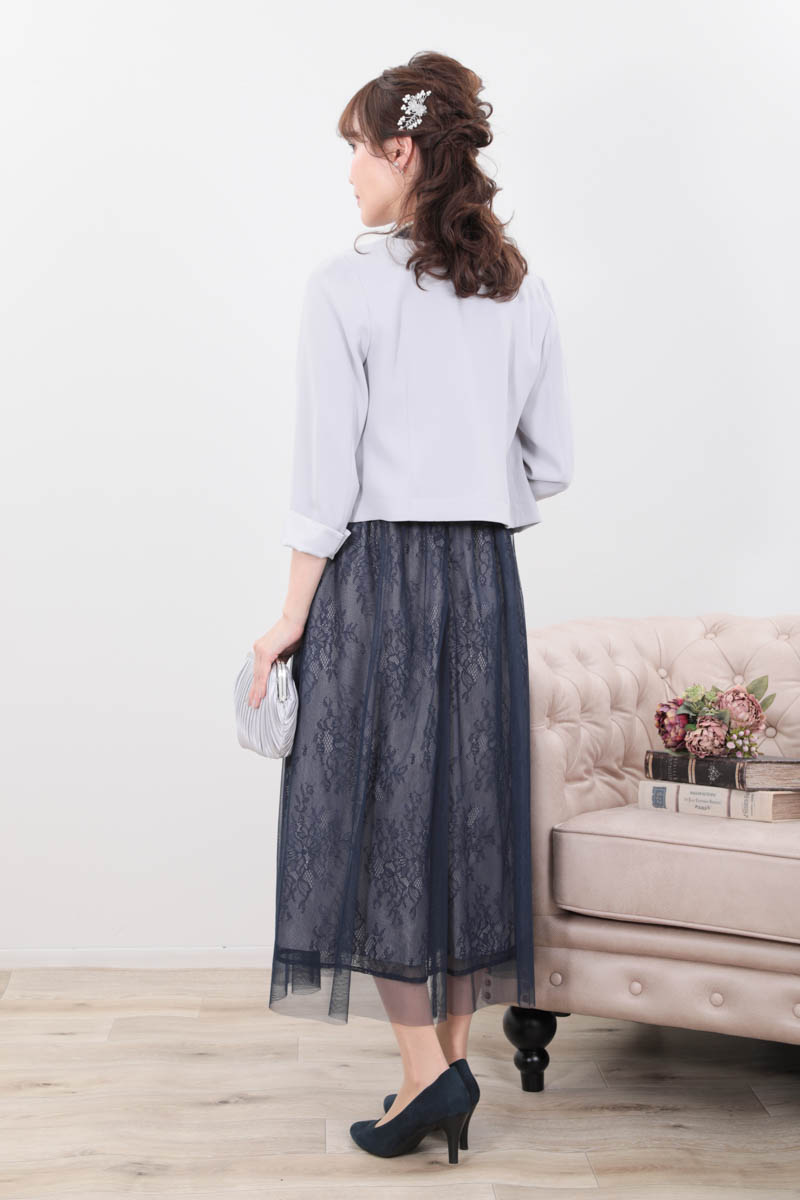 ネイビーのチュールレイヤードレースドレスコーディネートセット