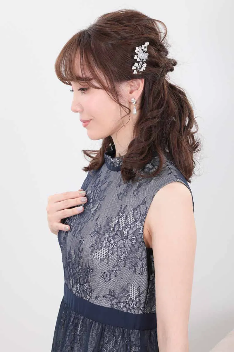 ネイビーのチュールレイヤードレースドレスコーディネートセット