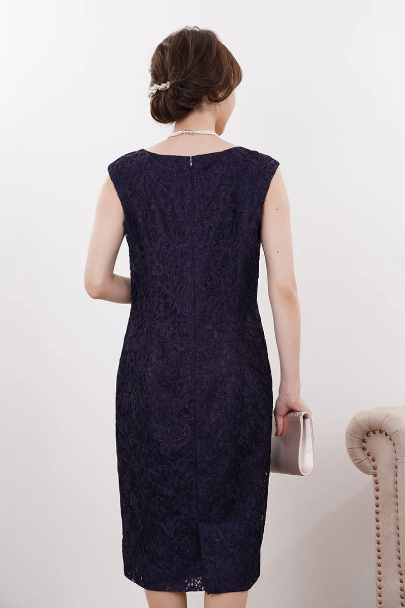 ネイビーのラメ入り刺繍Iラインドレス