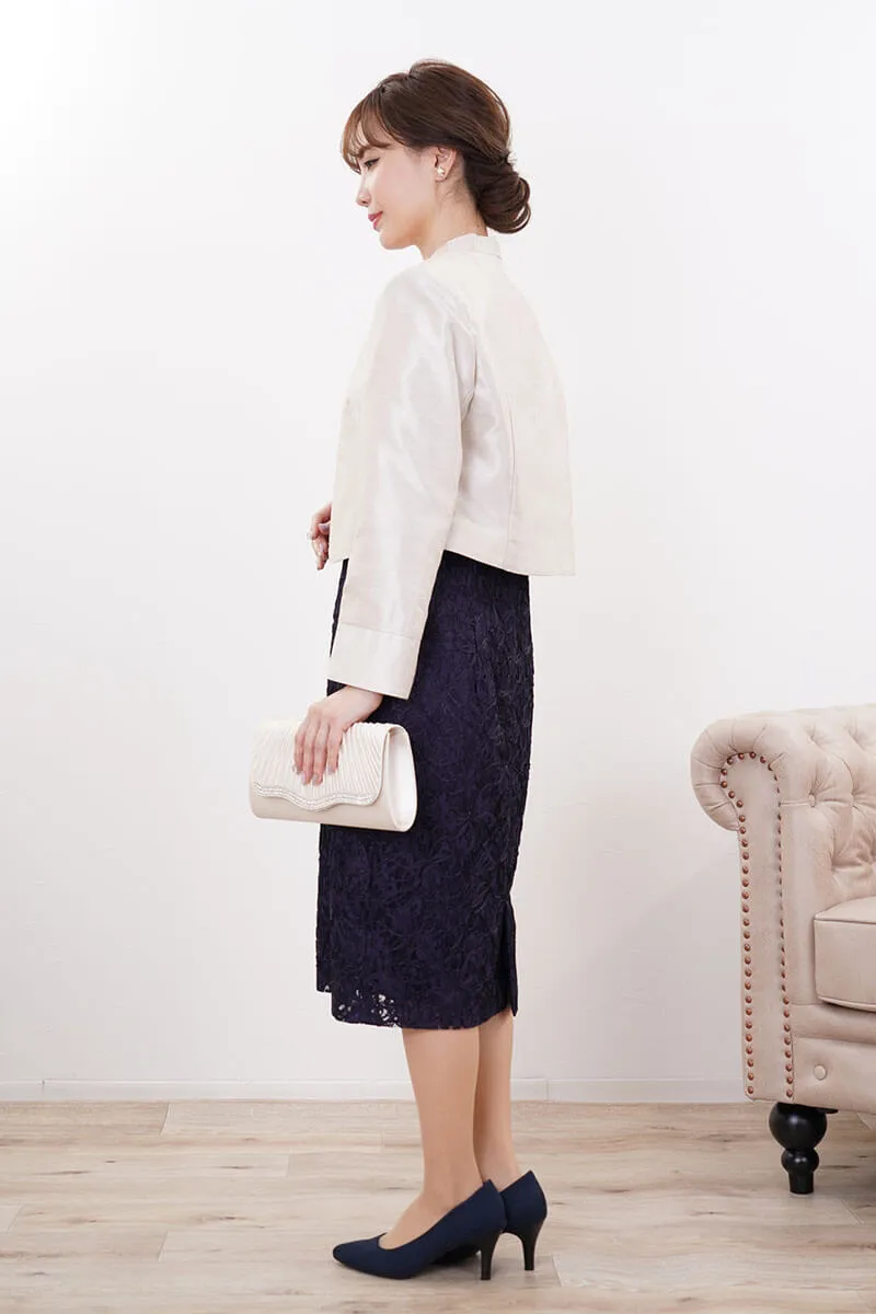 ネイビーのラメ入り刺繍Iラインドレス