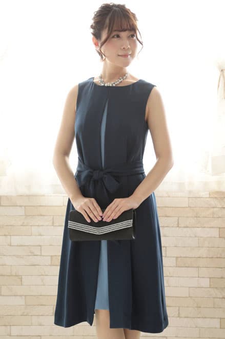 ネイビーの前開き風レイヤードドレスコーディネートセット