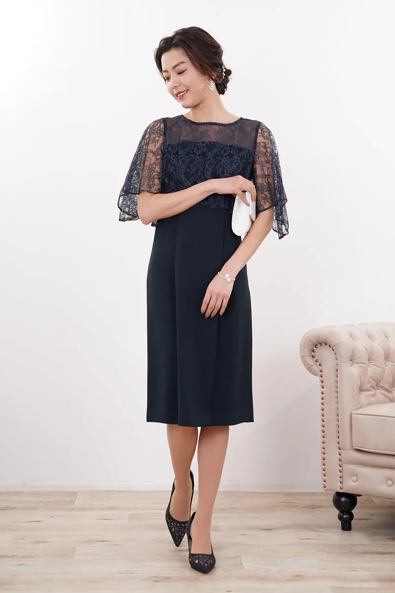 ネイビーのレースフレアスリーブIラインドレス