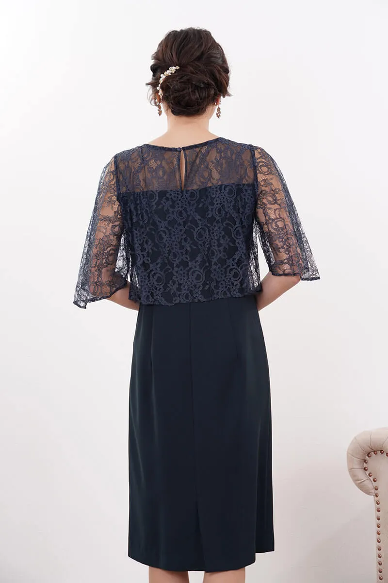 ネイビーのレースフレアスリーブIラインドレス
