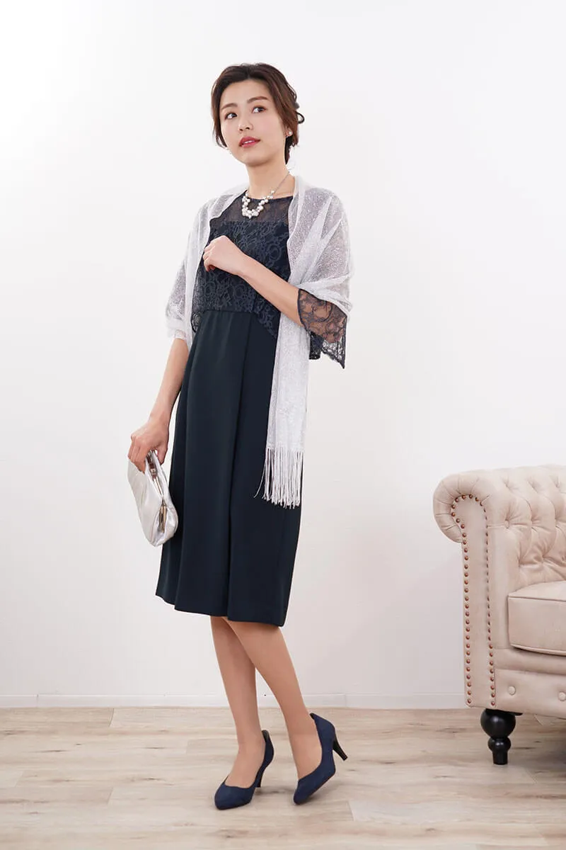 ネイビーのレースフレアスリーブIラインドレス