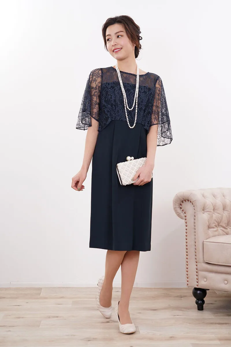 ネイビーのレースフレアスリーブIラインドレス