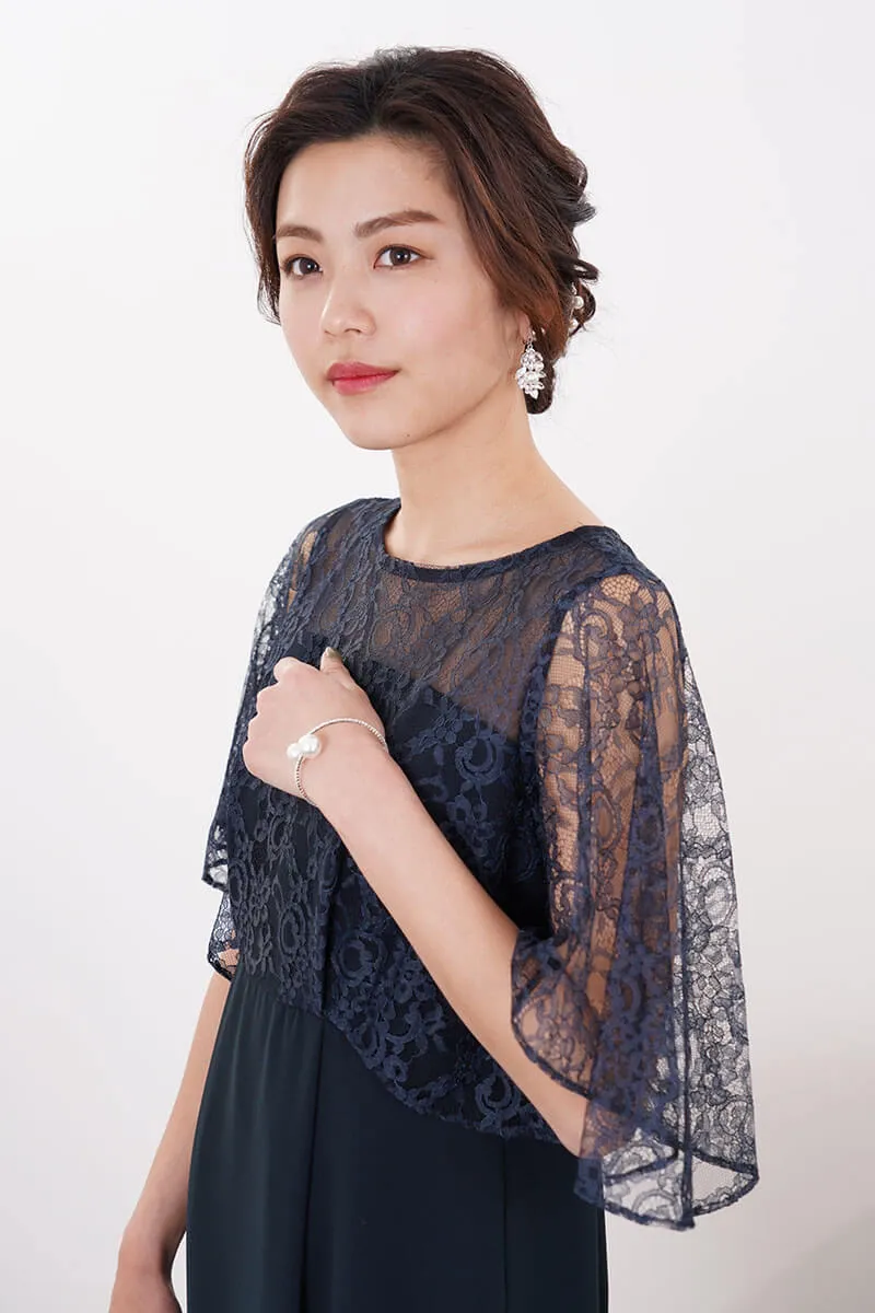 ネイビーのレースフレアスリーブIラインドレス