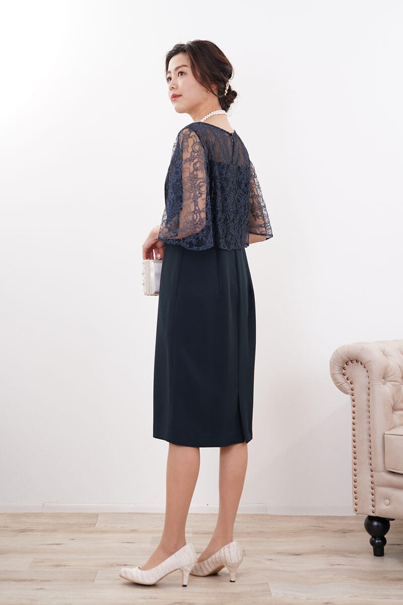 ネイビーのレースフレアスリーブIラインドレス