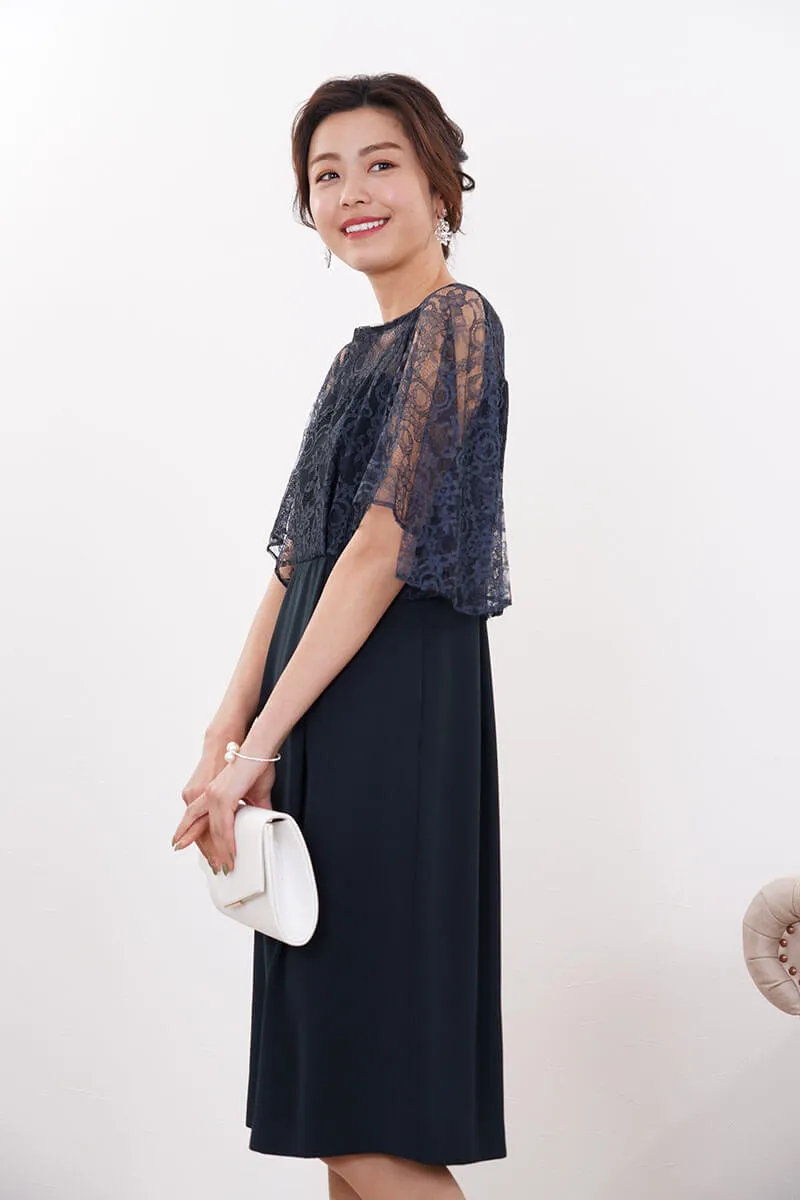 ネイビーのレースフレアスリーブIラインドレス