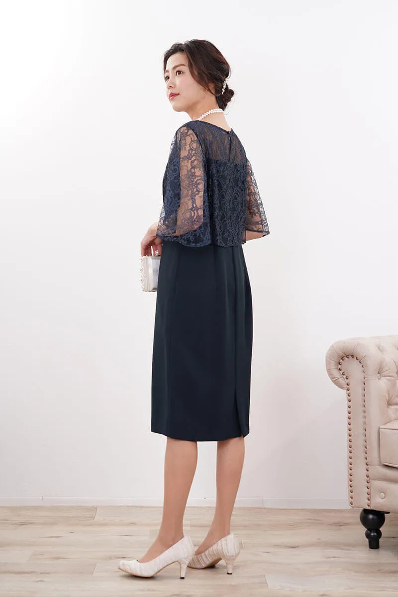 ネイビーのレースフレアスリーブIラインドレス