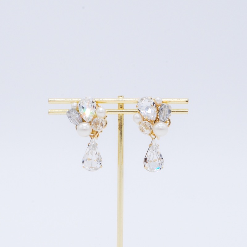 しずくビジュー×パールイヤリング(ゴールド)