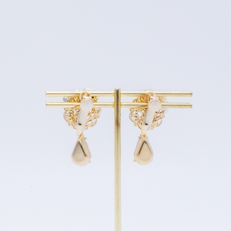 しずくビジュー×パールイヤリング(ゴールド)