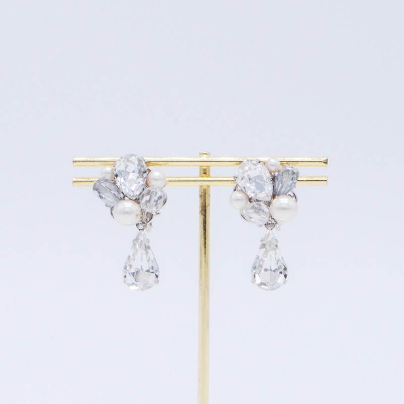 しずくビジュー×パールイヤリング(シルバー)