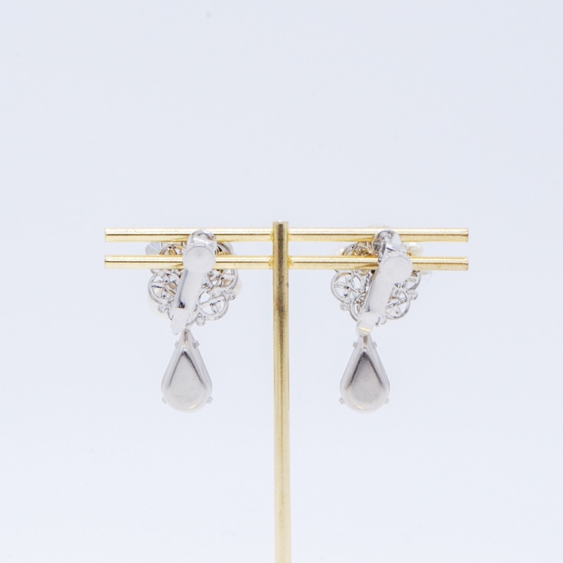 しずくビジュー×パールイヤリング(シルバー)