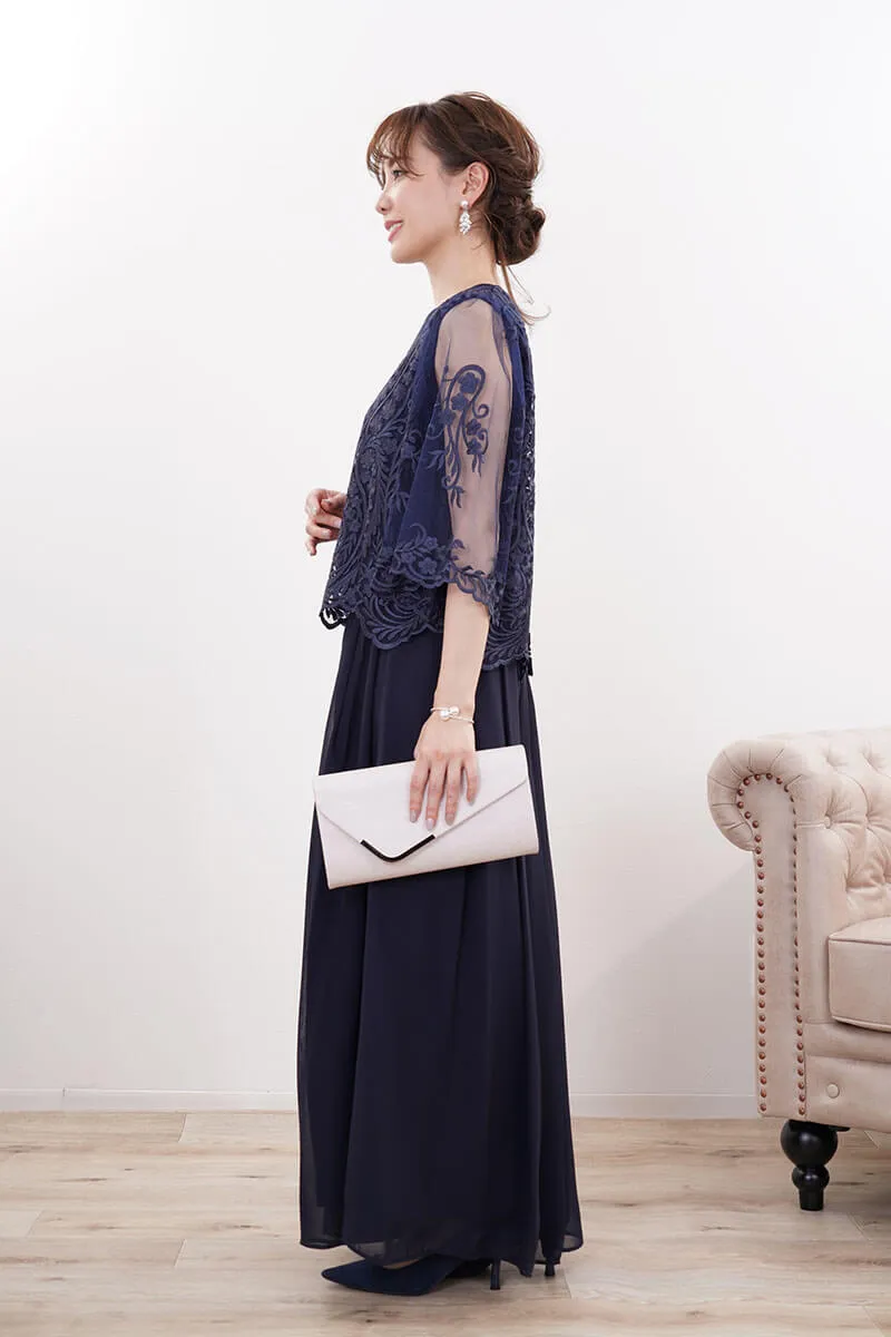 ネイビーの刺繍ブラウスワイドパンツドレス
