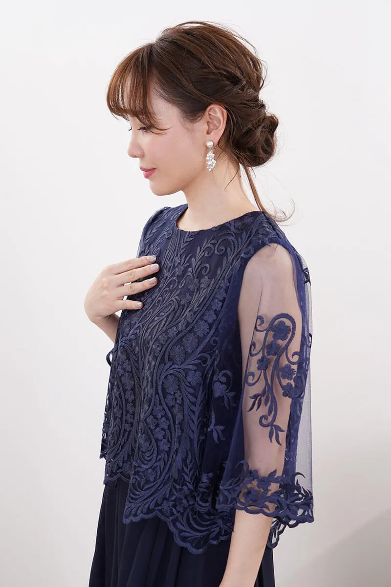 ネイビーの刺繍ブラウスワイドパンツドレス