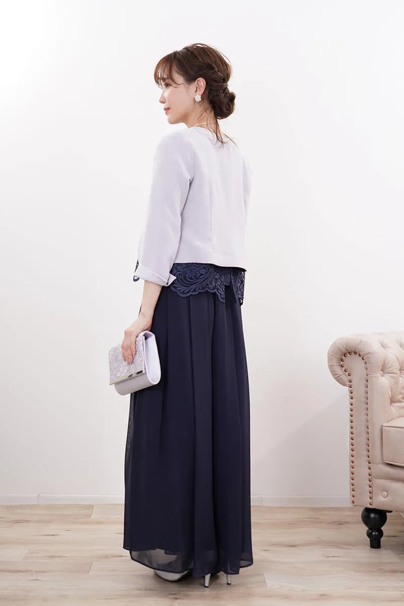 ネイビーの刺繍ブラウスワイドパンツドレス