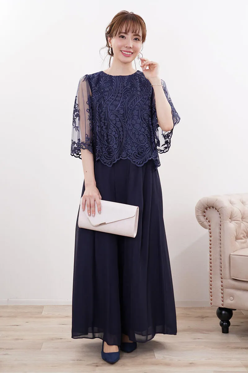 ネイビーの刺繍ブラウスワイドパンツドレス