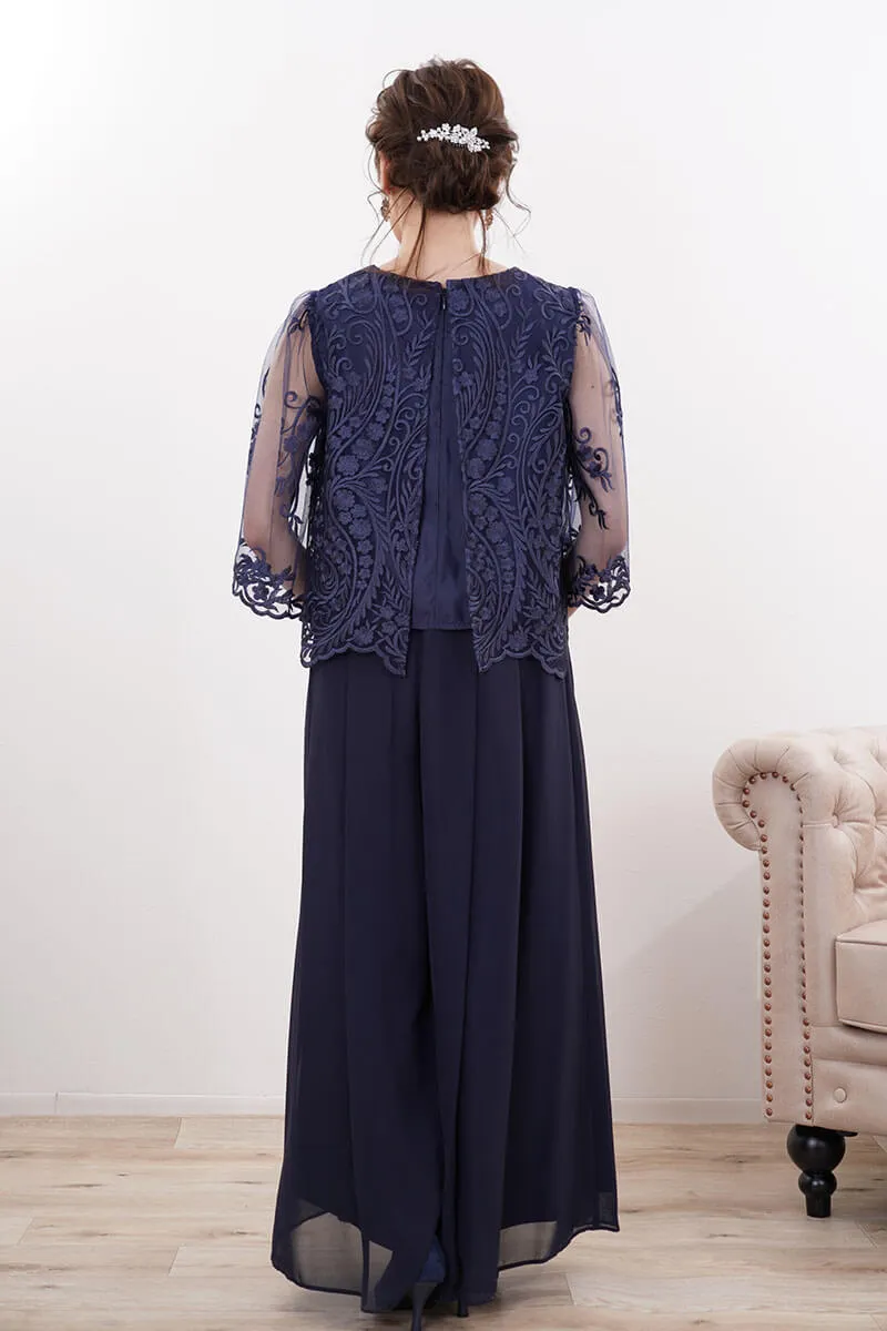 ネイビーの刺繍ブラウスワイドパンツドレス