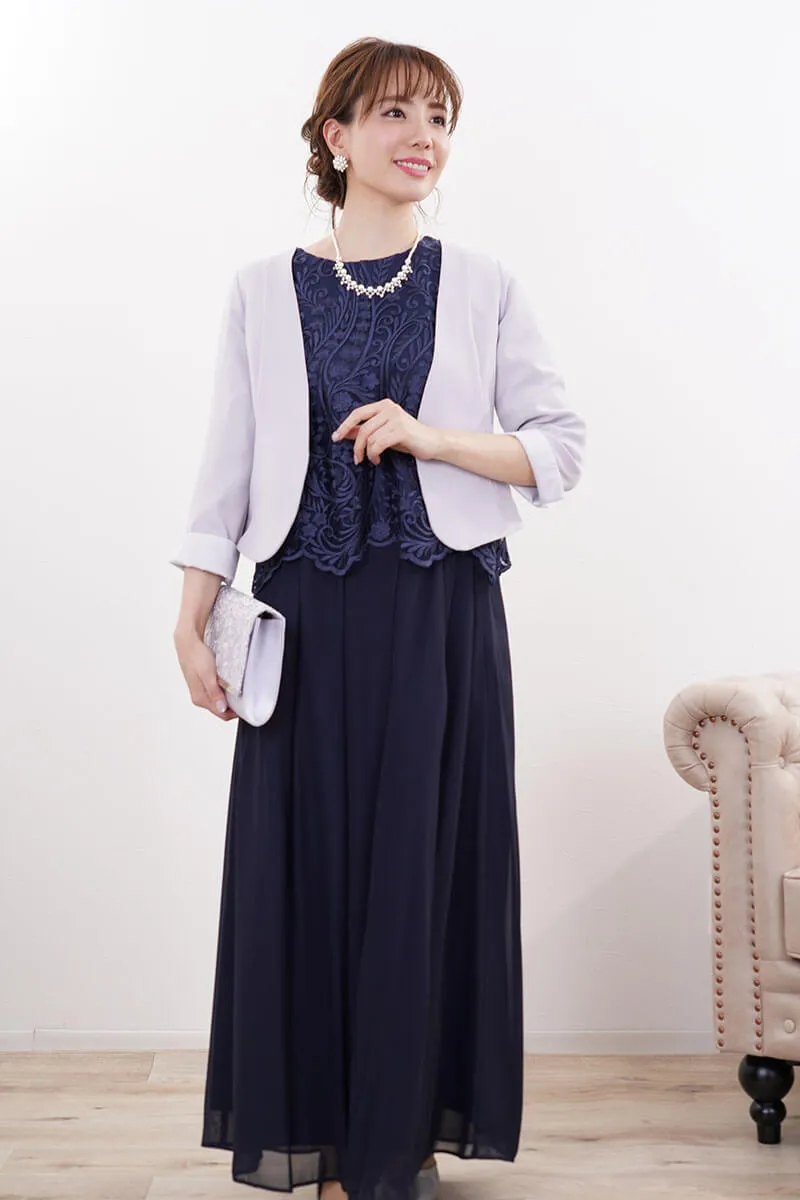 ネイビーの刺繍ブラウスワイドパンツドレス