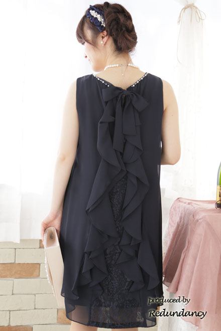 ネイビーのバックフリルシフォンドレス