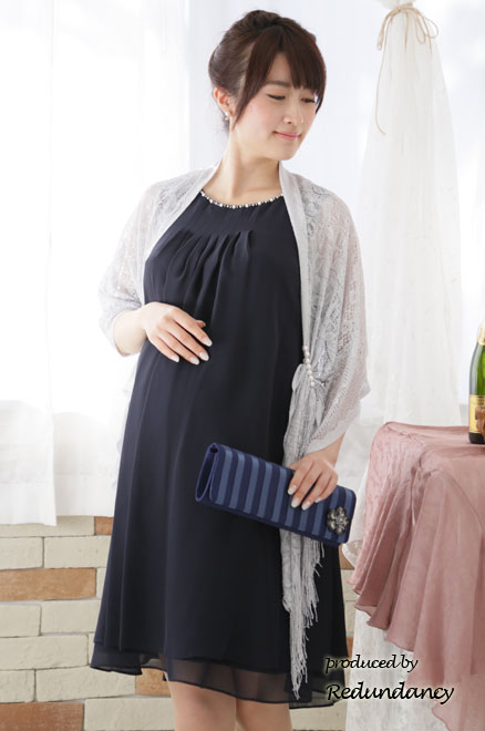 ネイビーのバックフリルシフォンドレス