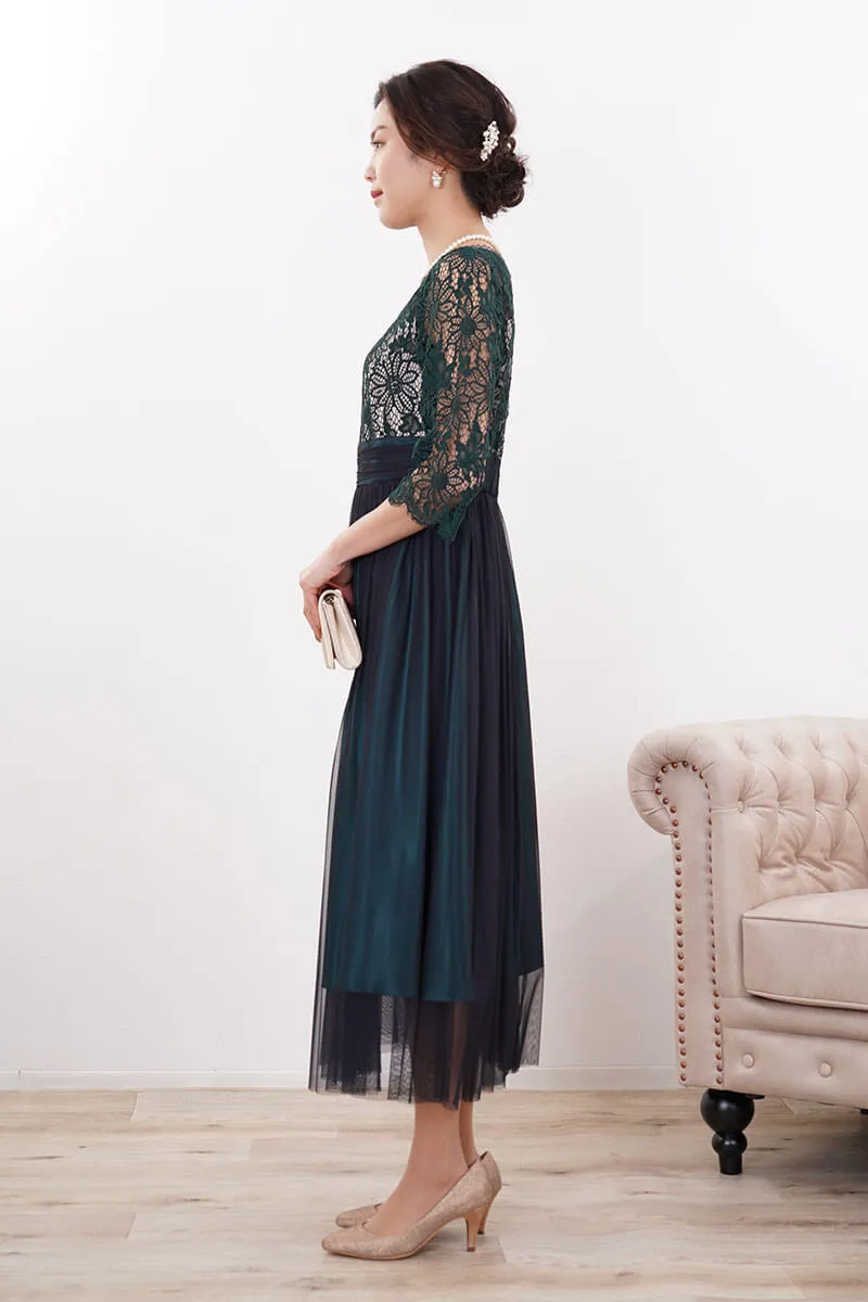 ダークグリーンのサテン×シフォンスカートドレス