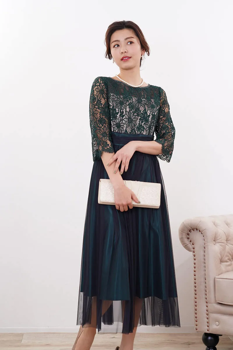 ダークグリーンのサテン×シフォンスカートドレス