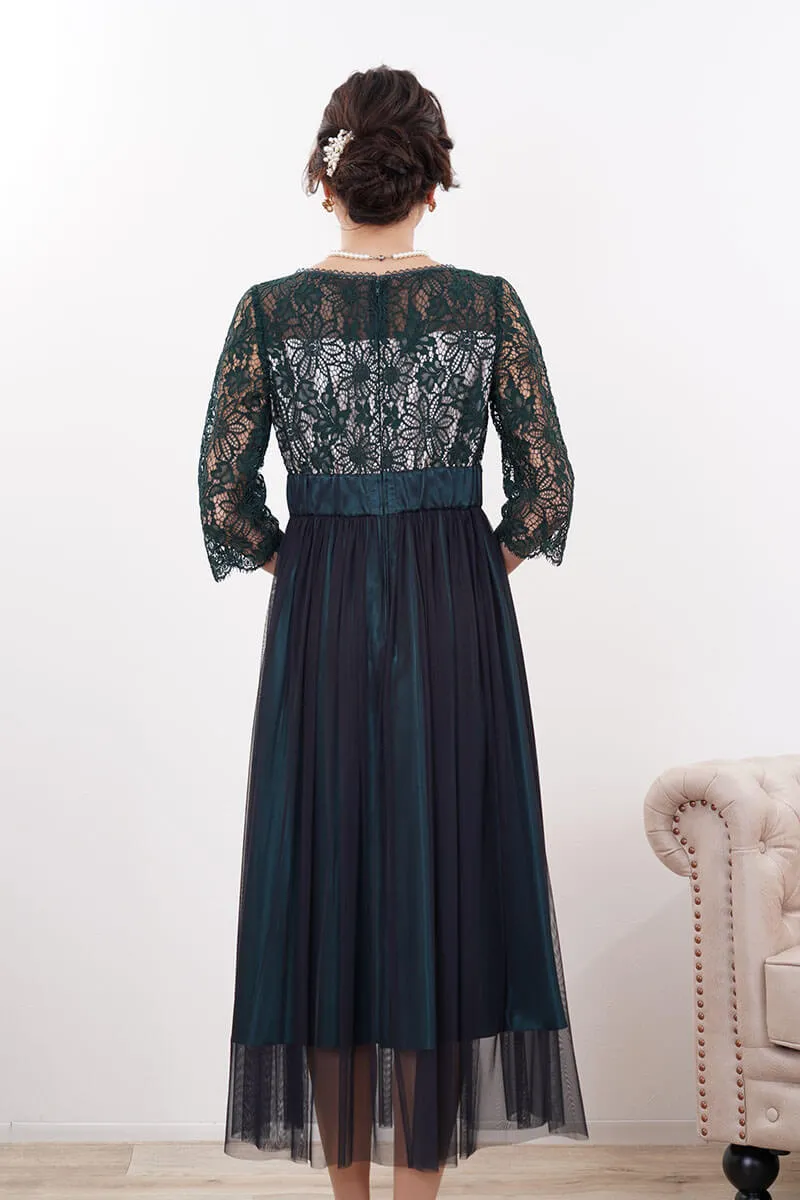 ダークグリーンのサテン×シフォンスカートドレス