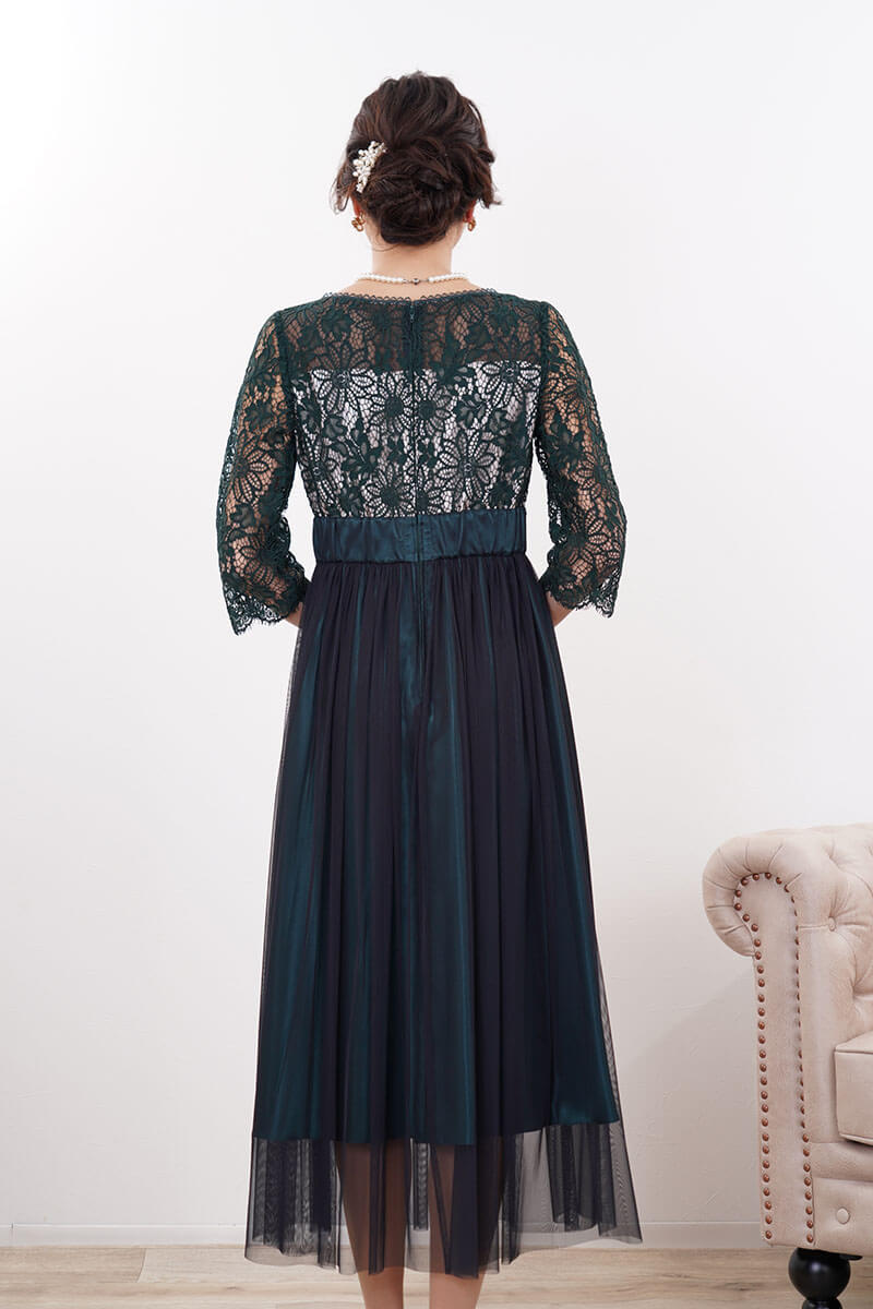 ダークグリーンのサテン×シフォンスカートドレス