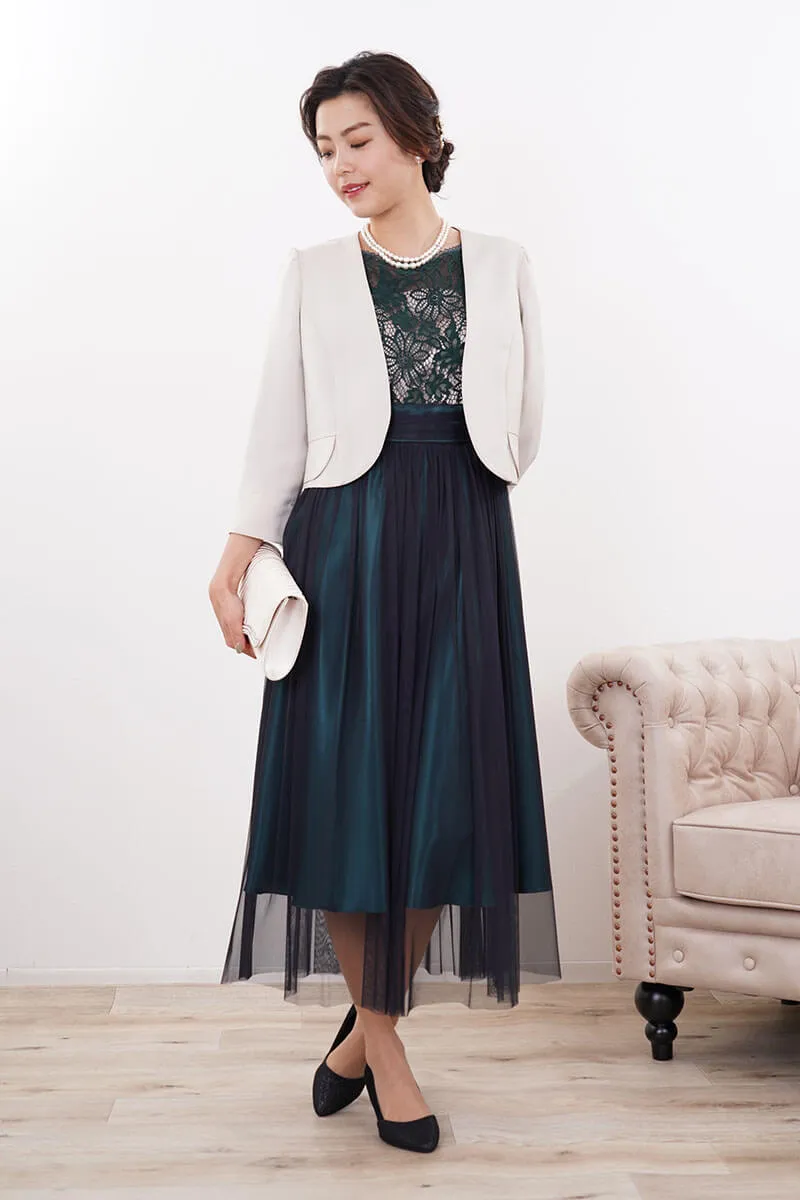 ダークグリーンのサテン×シフォンスカートドレス
