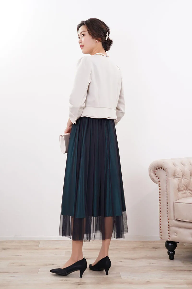 ダークグリーンのサテン×シフォンスカートドレス