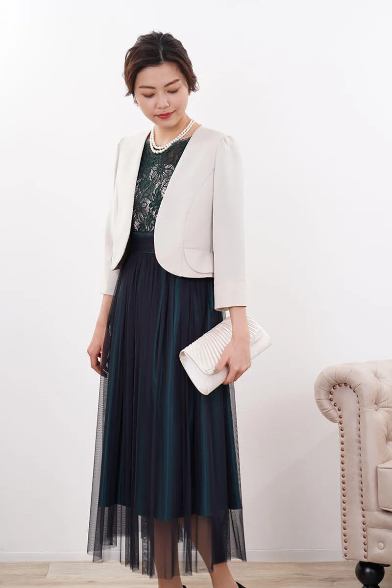 ダークグリーンのサテン×シフォンスカートドレス