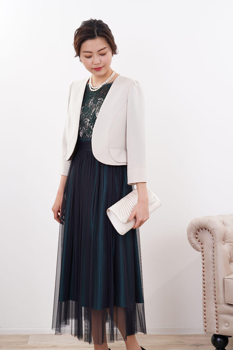 ダークグリーンのサテン×シフォンスカートドレス